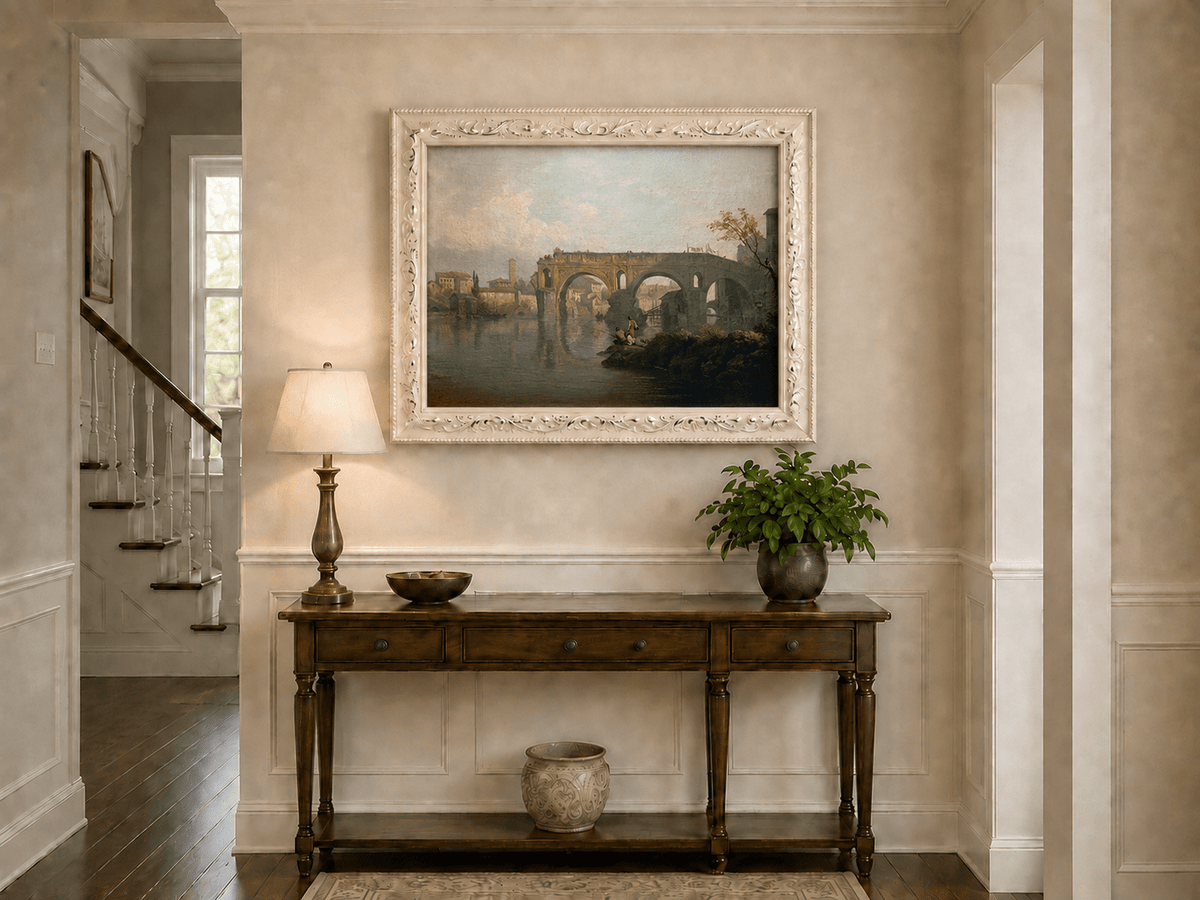 Ponte Rotto bridge and fishermen in Rome hand-painted oil artwork shown as home wall decor.