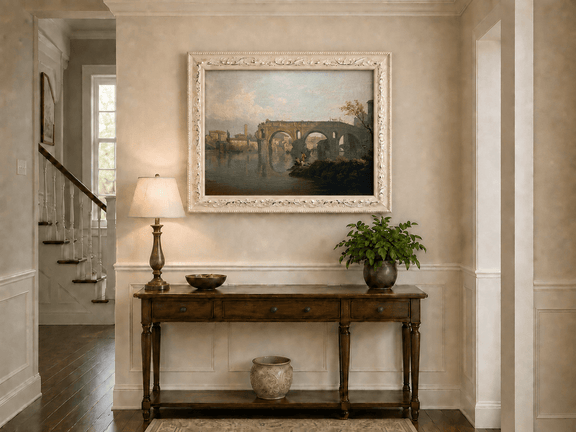 Ponte Rotto bridge and fishermen in Rome hand-painted oil artwork shown as home wall decor.