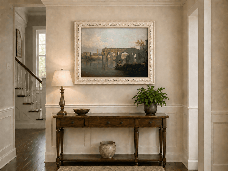 Ponte Rotto bridge and fishermen in Rome hand-painted oil artwork shown as home wall decor.