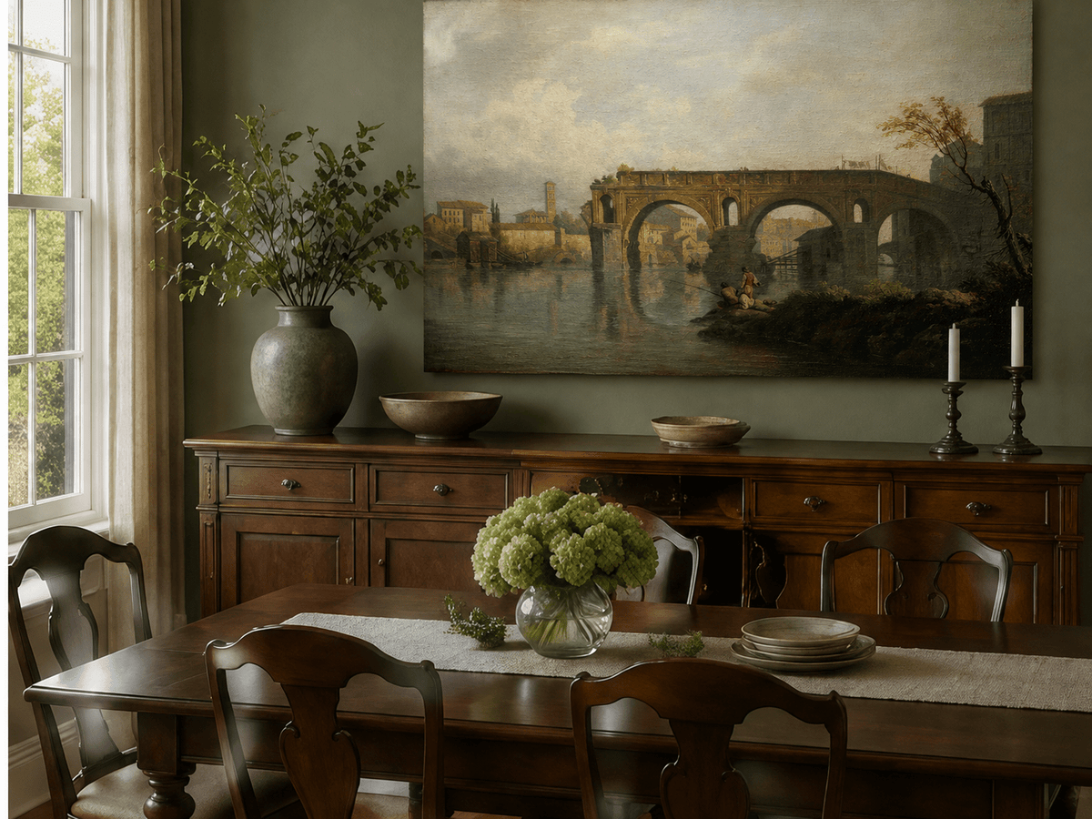 Hand-painted Rome river bridge and fishermen landscape artwork in an interior display.