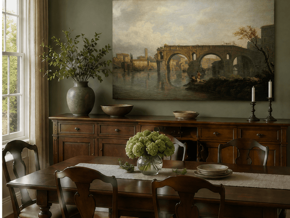 Hand-painted Rome river bridge and fishermen landscape artwork in an interior display.