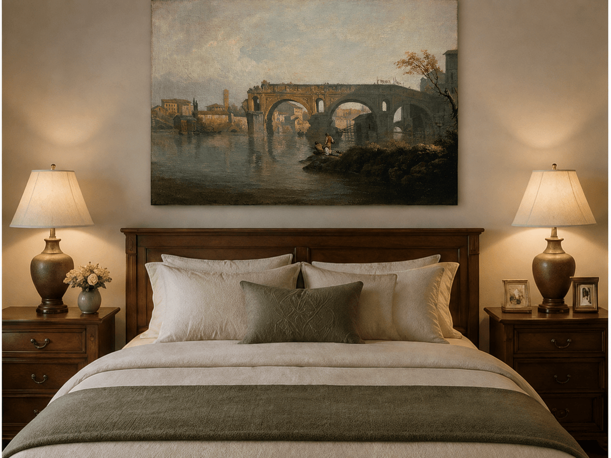 Ponte Rotto river bridge oil painting displayed as landscape wall decor.