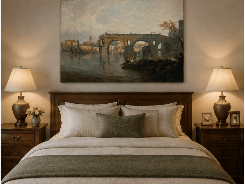 Ponte Rotto river bridge oil painting displayed as landscape wall decor.