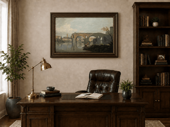 Rome river bridge with fishermen landscape oil painting presented in an interior wall art mockup.