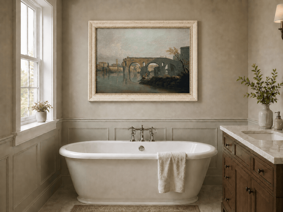 Rome river bridge landscape oil painting presented as interior home decor.