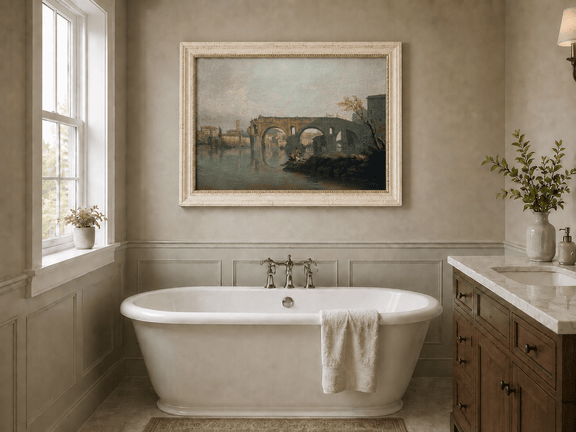 Rome river bridge landscape oil painting presented as interior home decor.