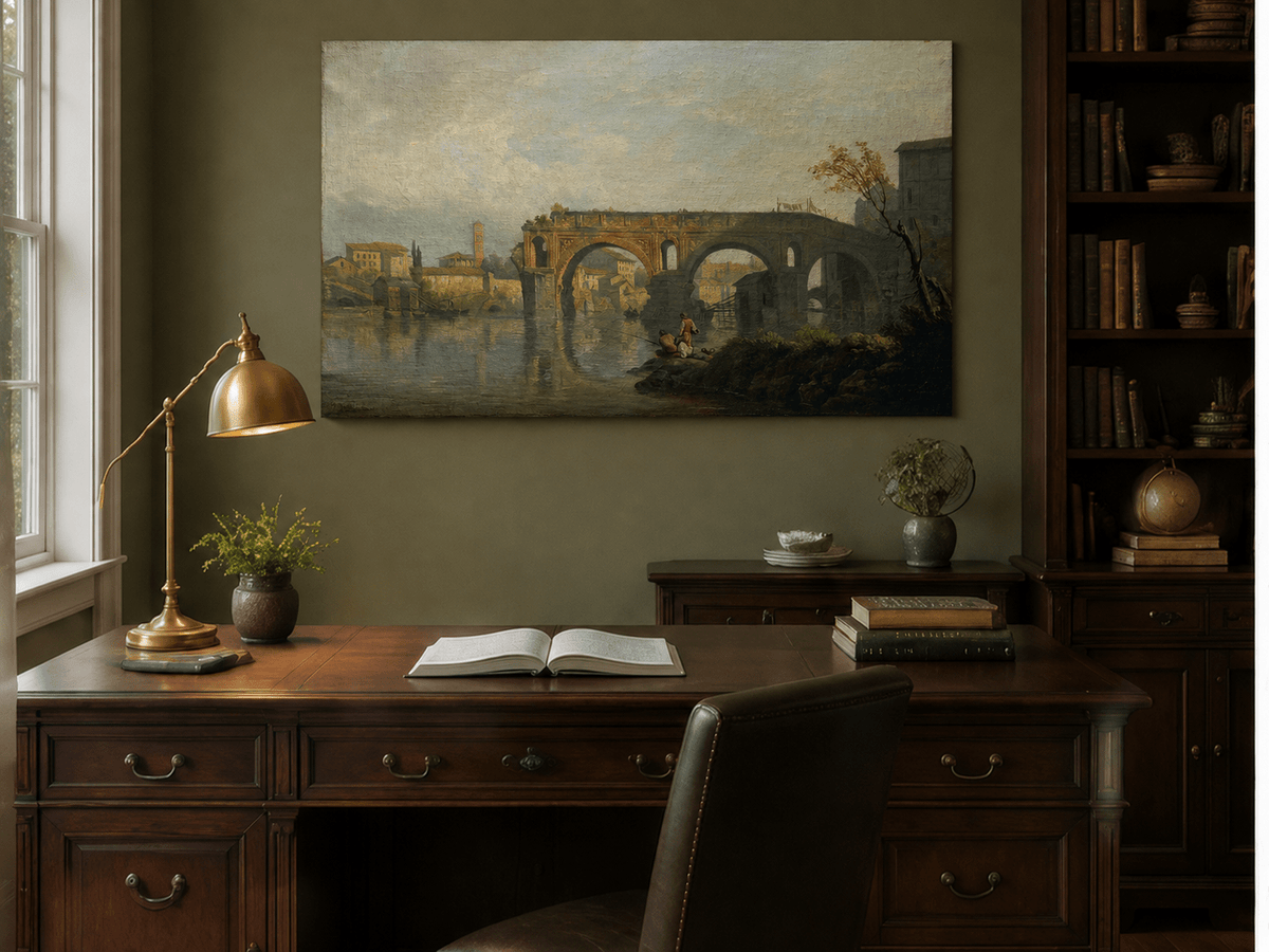 Interior wall art view featuring Rome Ponte Rotto river bridge with fishermen oil painting.