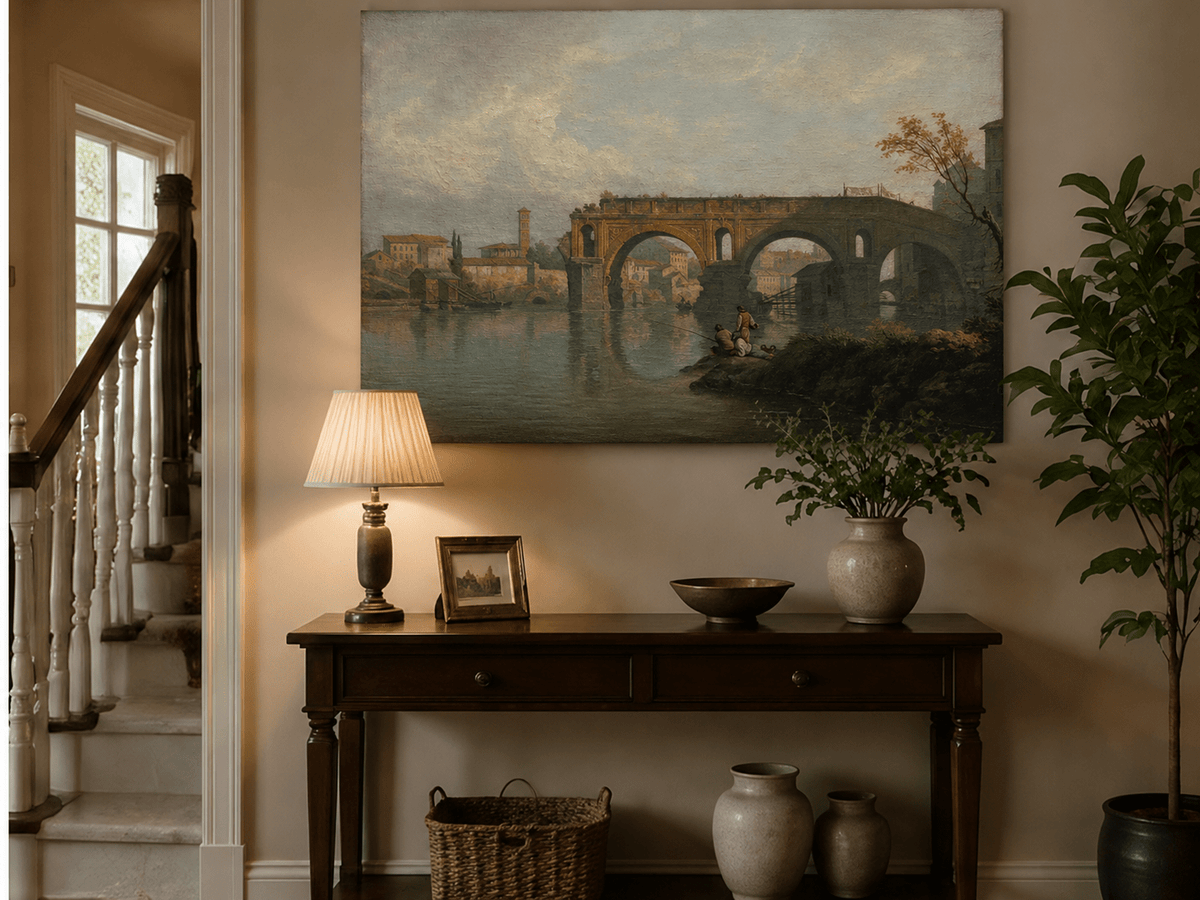 Historic Rome river bridge landscape painting shown as decorative oil wall art.