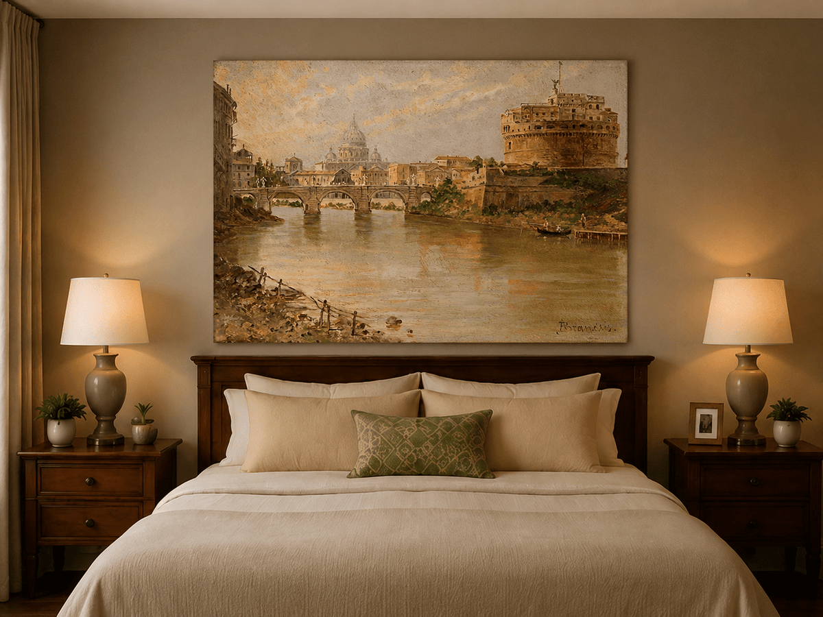 Landscape Oil Painting - Rome River View with Bridge and Castle