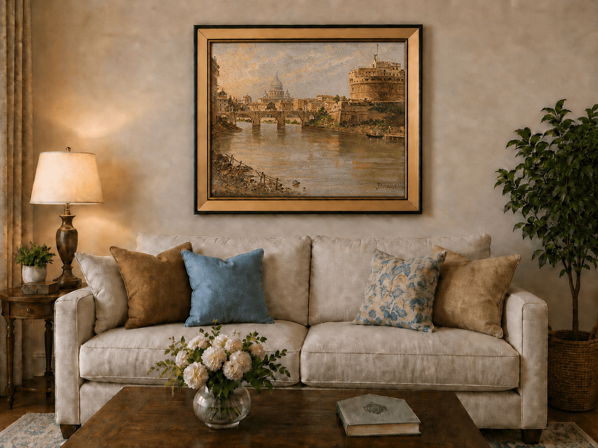 Landscape Oil Painting - Rome River View with Bridge and Castle