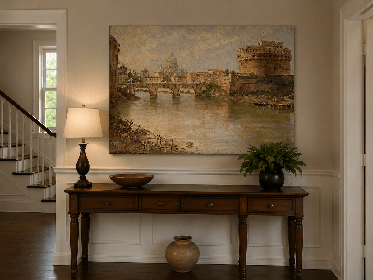 Landscape Oil Painting - Rome River View with Bridge and Castle
