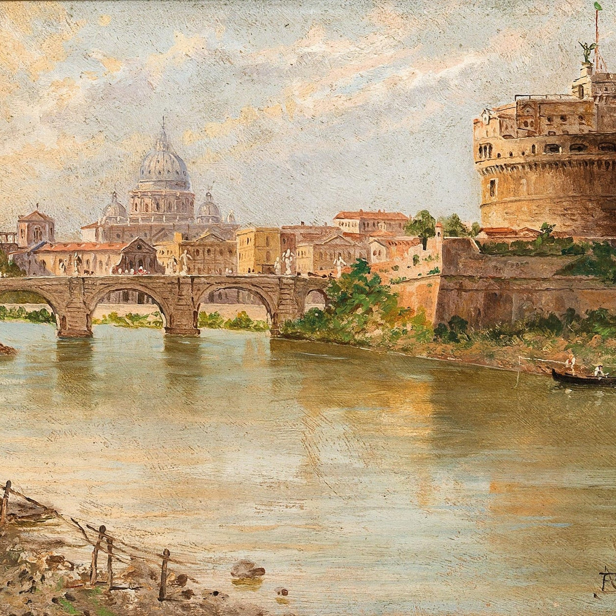 Hand-painted rome river view with bridge and castle landscape oil painting on canvas