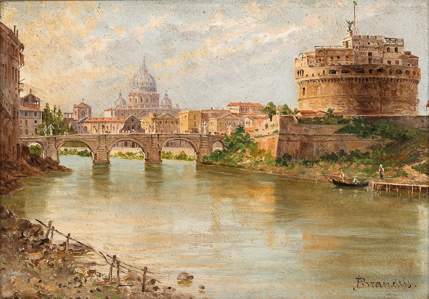 Landscape Oil Painting - Rome River View with Bridge and Castle - Oil Painting Haven