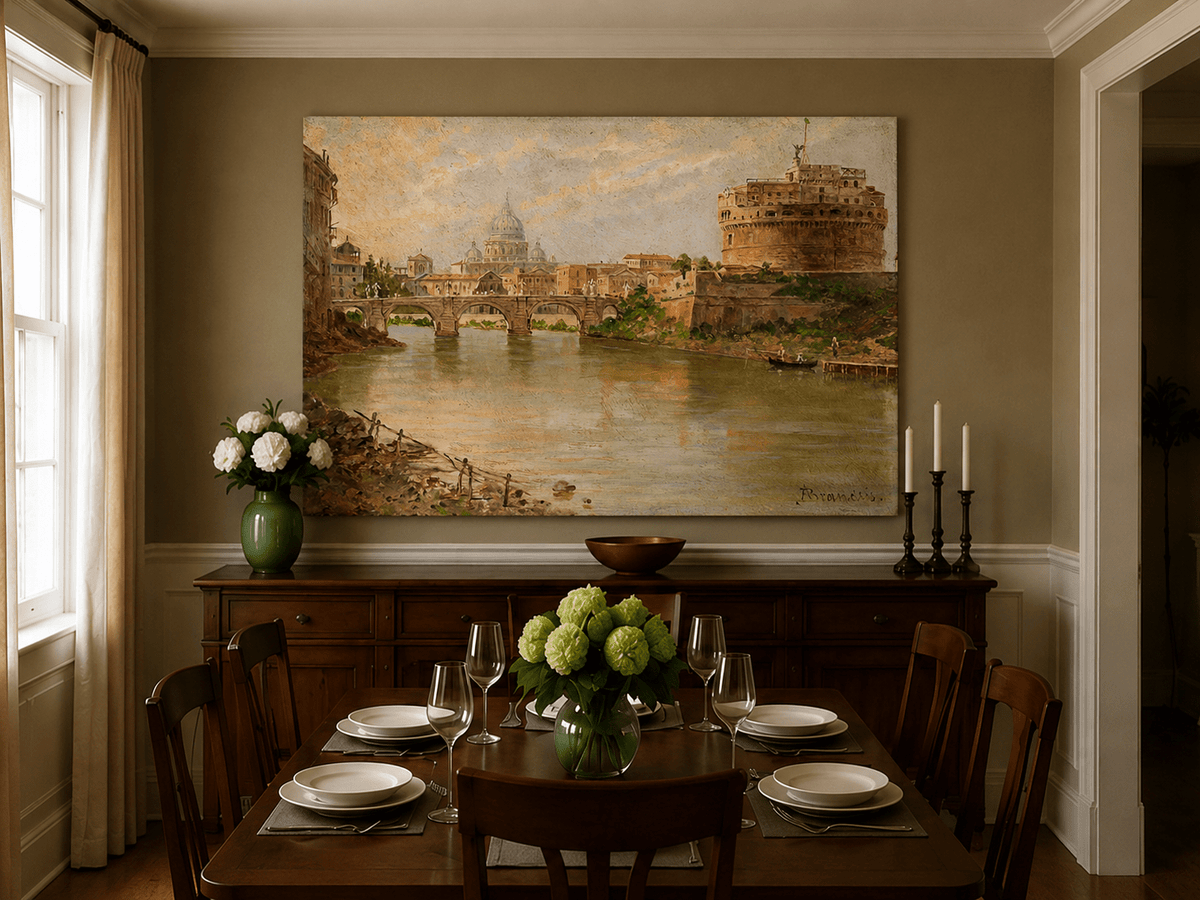 Landscape Oil Painting - Rome River View with Bridge and Castle