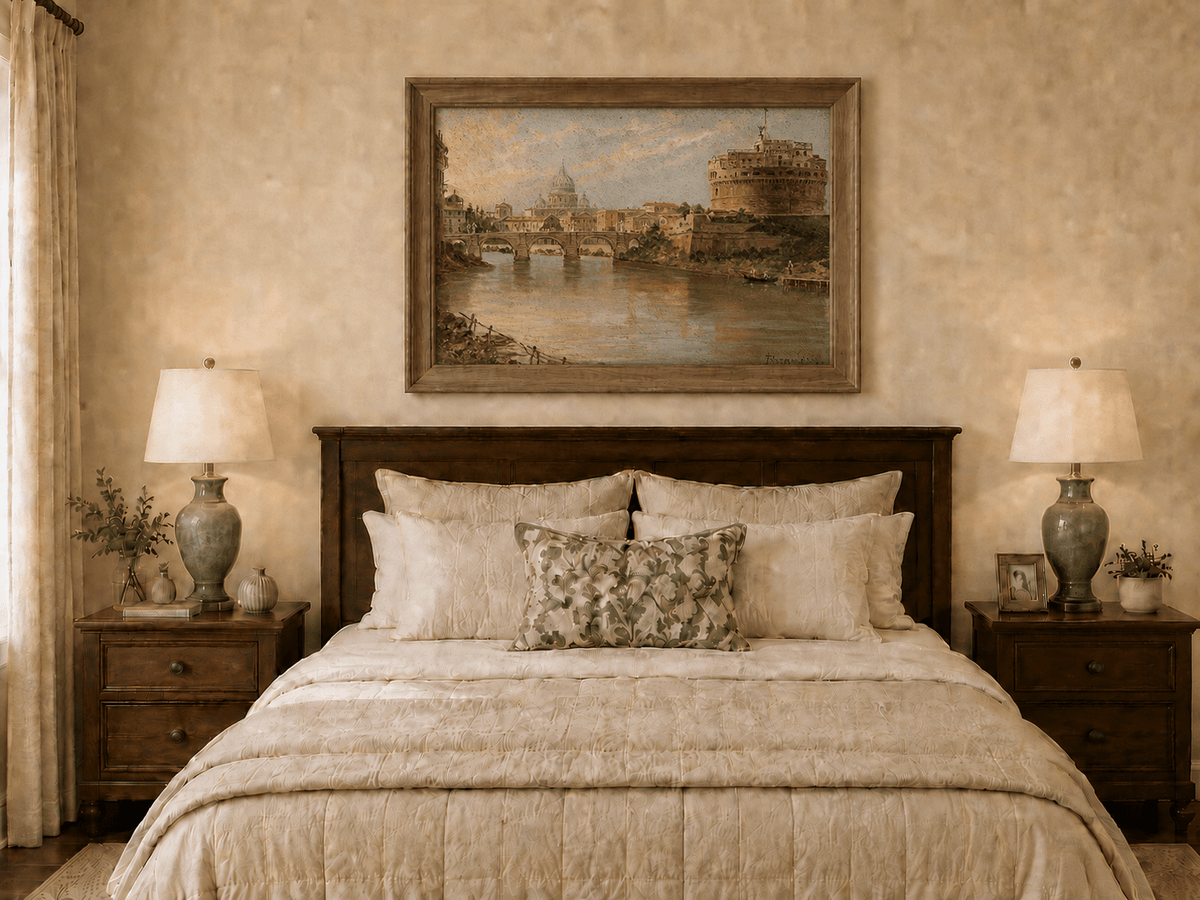 Landscape Oil Painting - Rome River View with Bridge and Castle