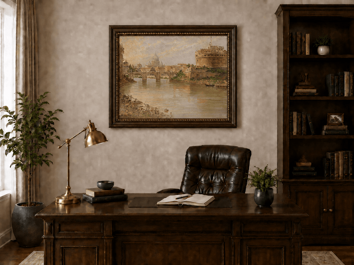 Landscape Oil Painting - Rome River View with Bridge and Castle