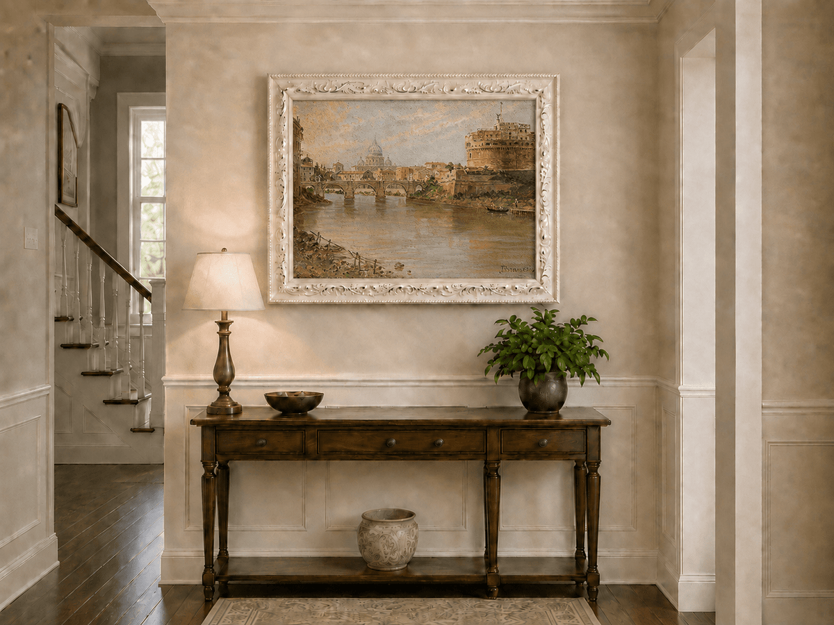 Landscape Oil Painting - Rome River View with Bridge and Castle
