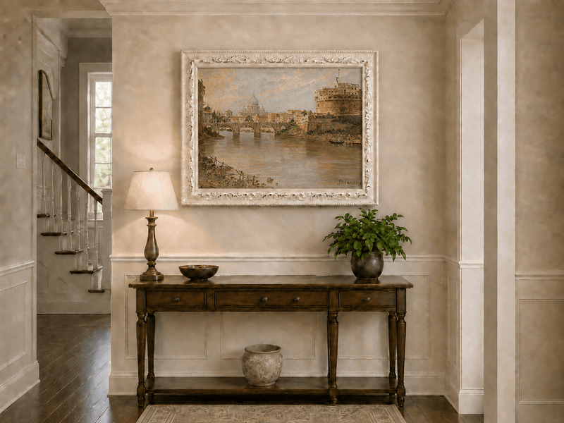 Landscape Oil Painting - Rome River View with Bridge and Castle