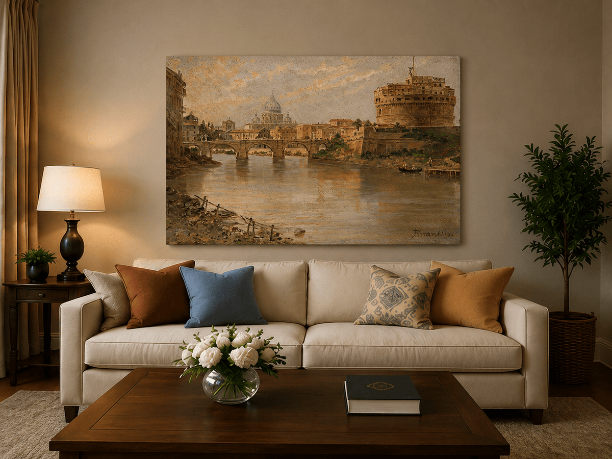 Landscape Oil Painting - Rome River View with Bridge and Castle