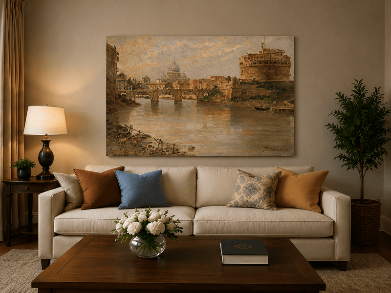 Landscape Oil Painting - Rome River View with Bridge and Castle