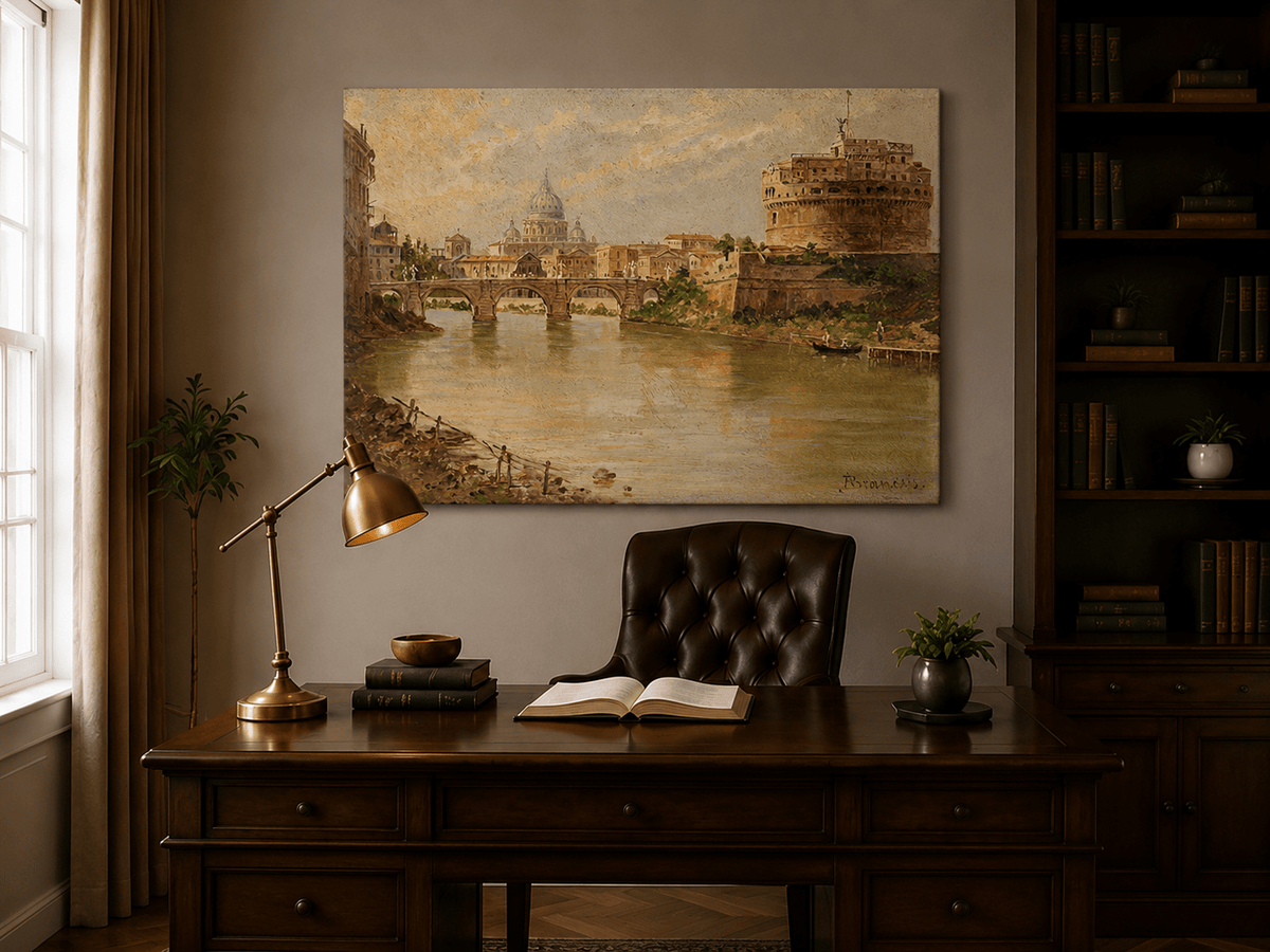 Landscape Oil Painting - Rome River View with Bridge and Castle