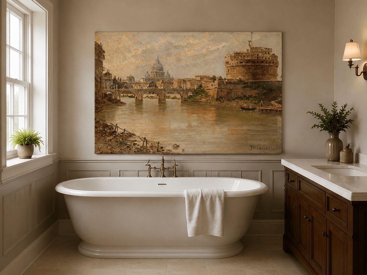 Landscape Oil Painting - Rome River View with Bridge and Castle
