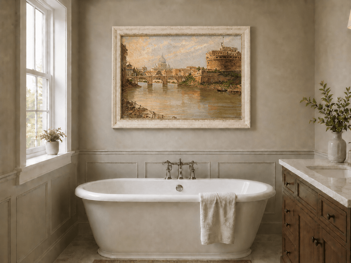 Landscape Oil Painting - Rome River View with Bridge and Castle