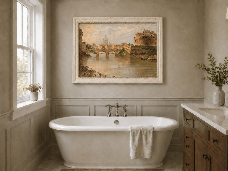 Landscape Oil Painting - Rome River View with Bridge and Castle