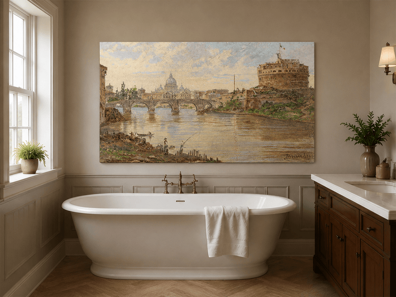 Landscape Oil Painting - Rome River View with Castel Sant'Angelo