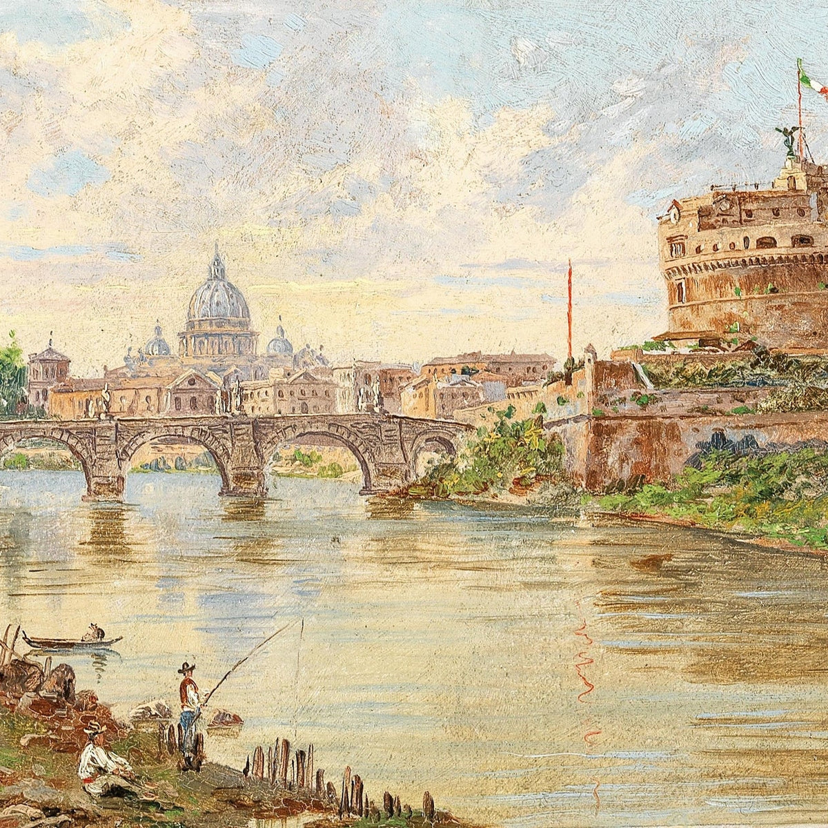 Hand-painted rome river view with castel sant'angelo landscape oil painting on canvas