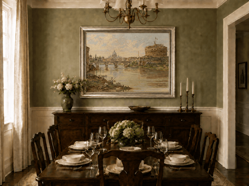 Landscape Oil Painting - Rome River View with Castel Sant'Angelo