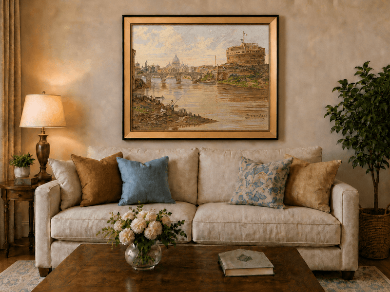 Landscape Oil Painting - Rome River View with Castel Sant'Angelo