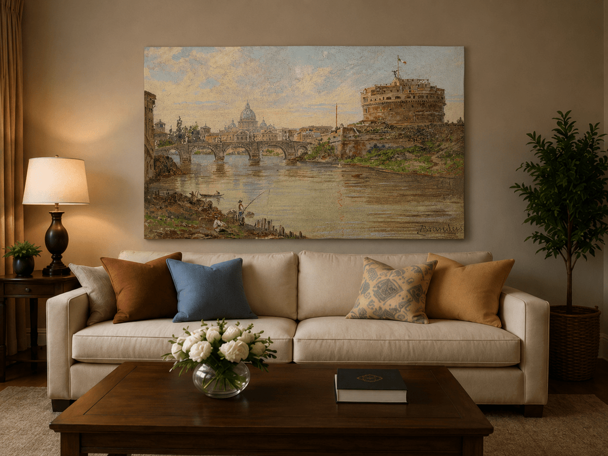 Landscape Oil Painting - Rome River View with Castel Sant'Angelo
