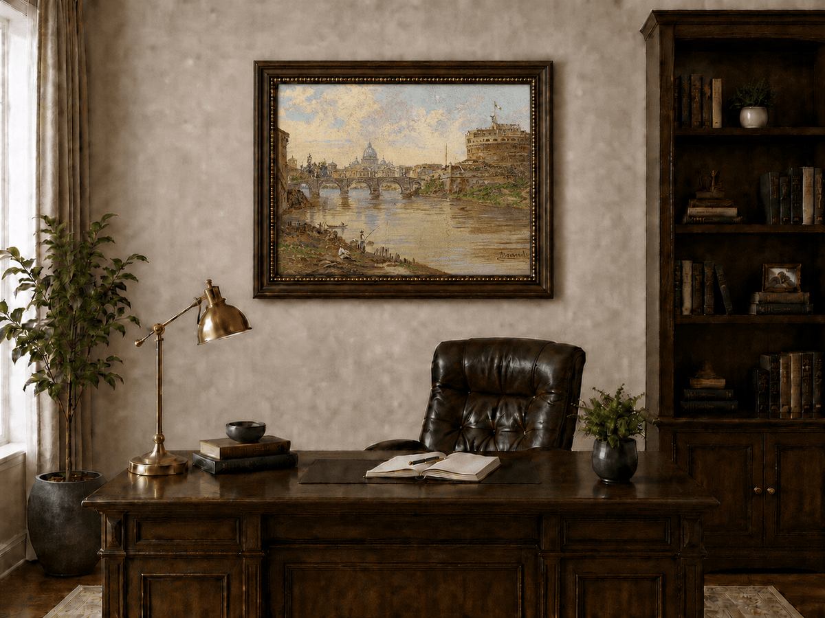Landscape Oil Painting - Rome River View with Castel Sant'Angelo