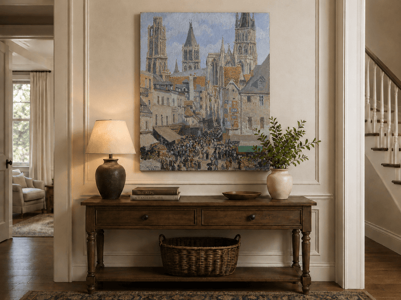 Landschaftsgemälde in Öl – Frühlingsfluss mit Fischer und Bäumen