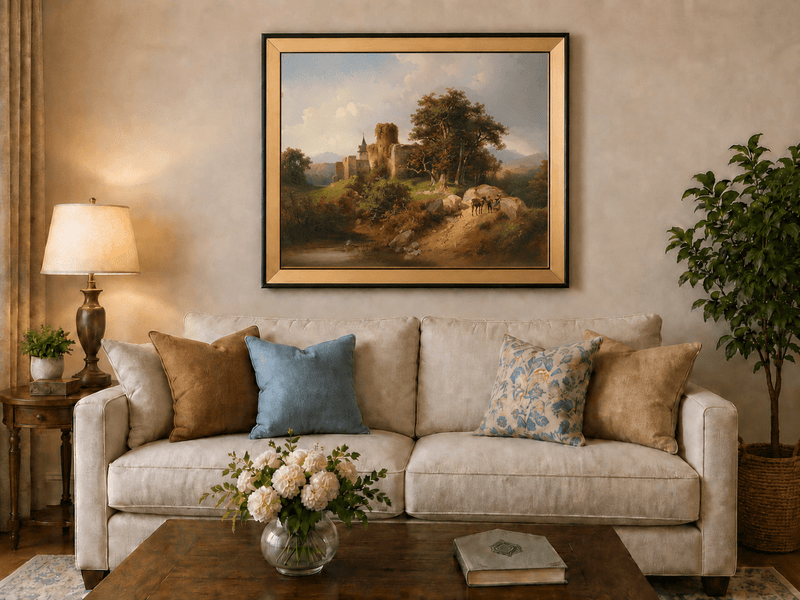 Landscape Oil Painting - Ruined Castle Landscape Travelers, Path