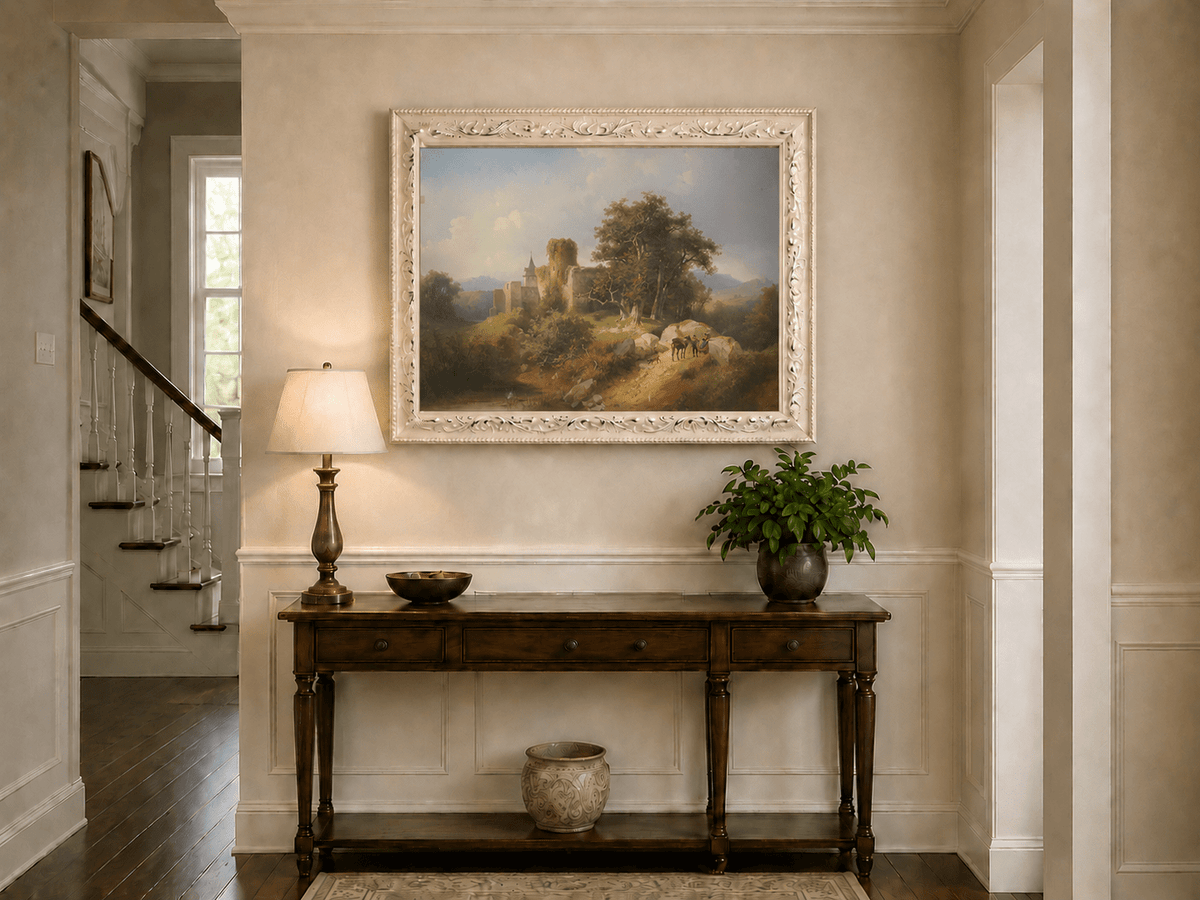 Landscape Oil Painting - Ruined Castle Landscape Travelers, Path