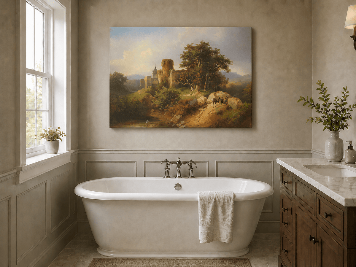 Landscape Oil Painting - Ruined Castle Landscape Travelers, Path