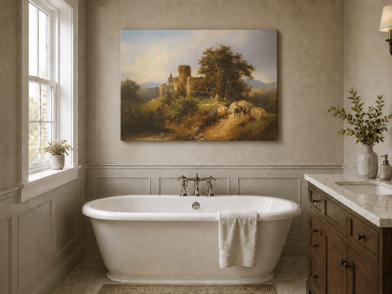 Landscape Oil Painting - Ruined Castle Landscape Travelers, Path