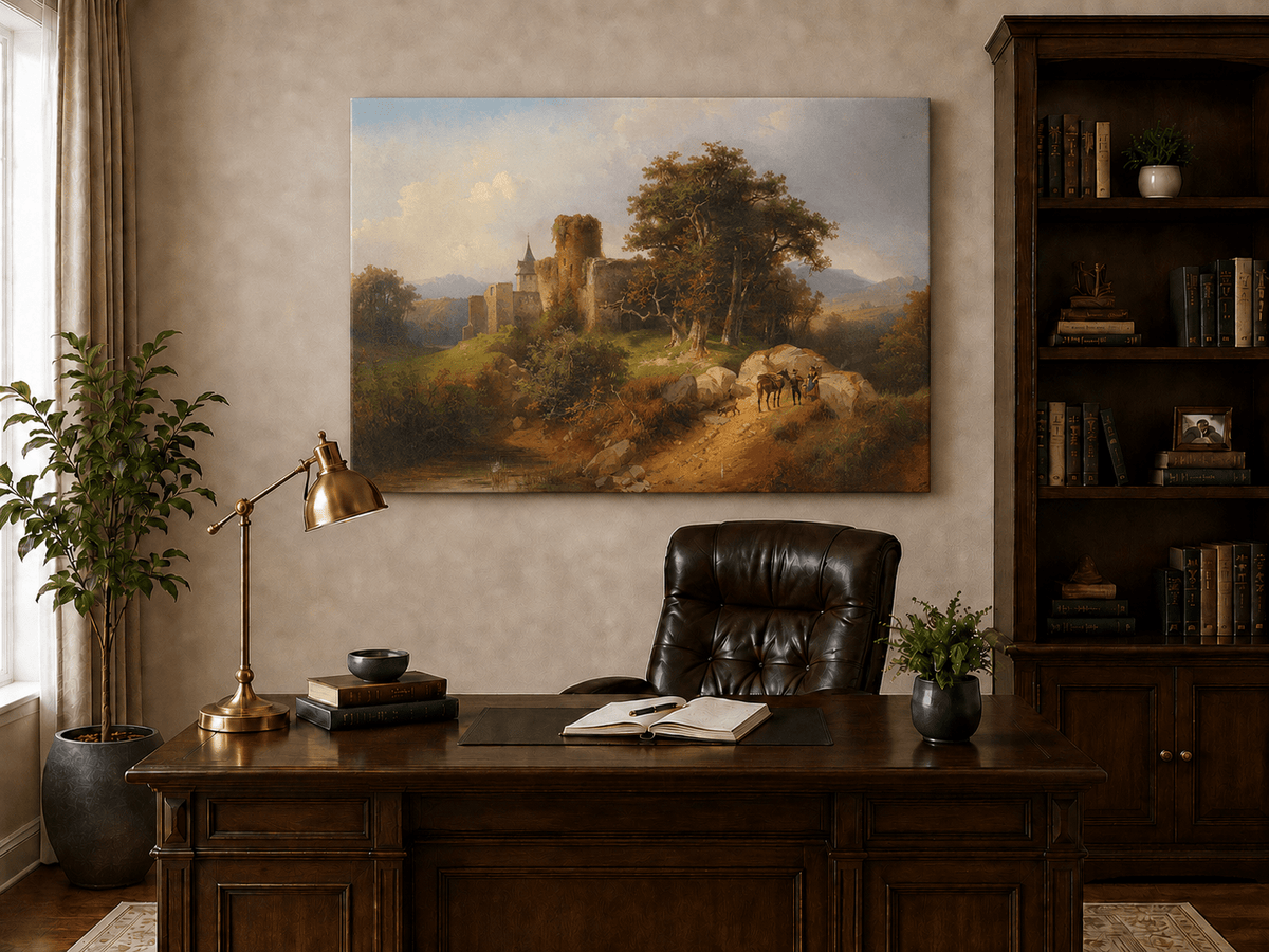 Landscape Oil Painting - Ruined Castle Landscape Travelers, Path
