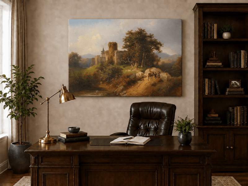 Landscape Oil Painting - Ruined Castle Landscape Travelers, Path