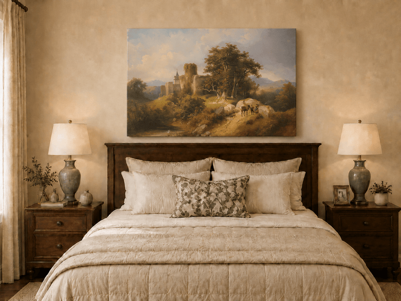 Landscape Oil Painting - Ruined Castle Landscape Travelers, Path