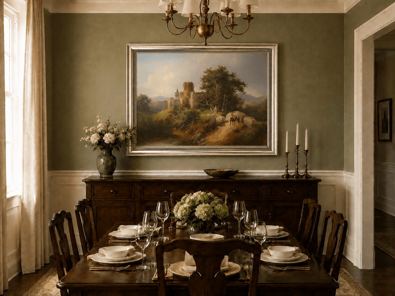 Landscape Oil Painting - Ruined Castle Landscape Travelers, Path