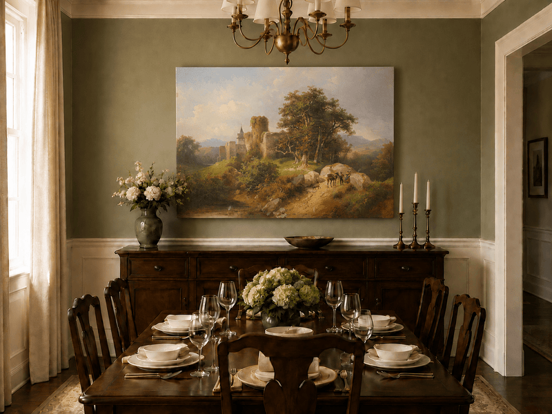 Landscape Oil Painting - Ruined Castle Landscape Travelers, Path