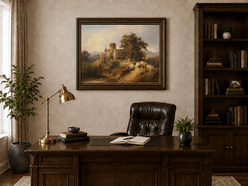 Landscape Oil Painting - Ruined Castle Landscape Travelers, Path