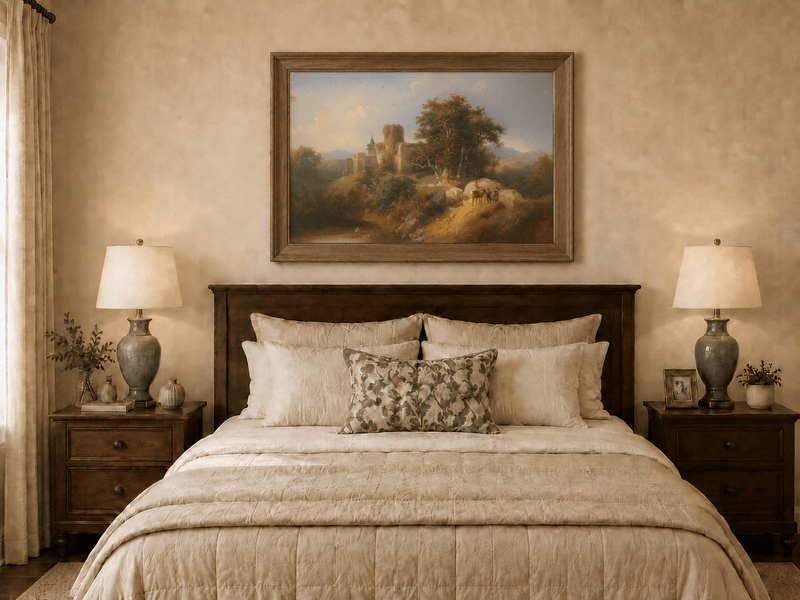 Landscape Oil Painting - Ruined Castle Landscape Travelers, Path