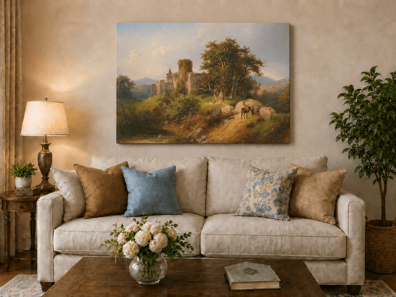 Landscape Oil Painting - Ruined Castle Landscape Travelers, Path