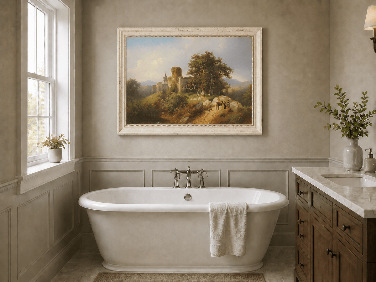Landscape Oil Painting - Ruined Castle Landscape Travelers, Path