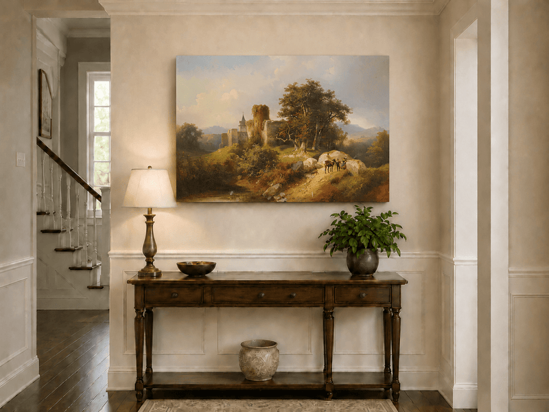 Landscape Oil Painting - Ruined Castle Landscape Travelers, Path