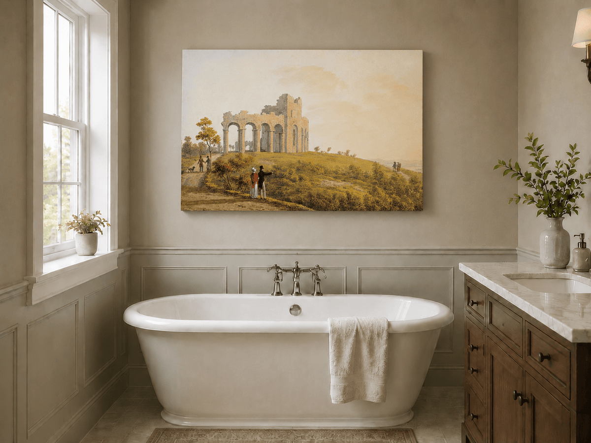 Landscape Oil Painting - Ruined Castle with Figures on Hill